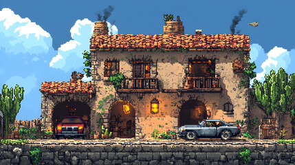 Mediterranean Villa with Classic Cars Pixel Art Illustration