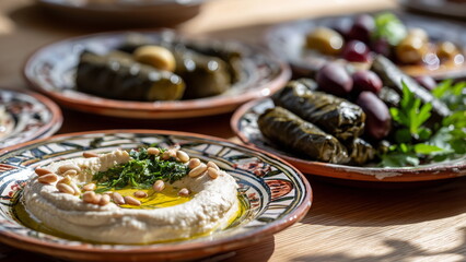 Fototapeta premium A detailed close-up of an Arabic mezze platter with hummus topped with olive oil and pine nuts, baba ganoush, stuffed grape leaves, olives, and fresh herbs, rustic ceramic plates and wooden table.
