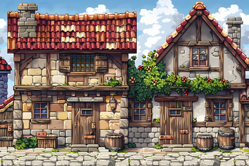 Medieval Village Houses Pixel Art Illustration