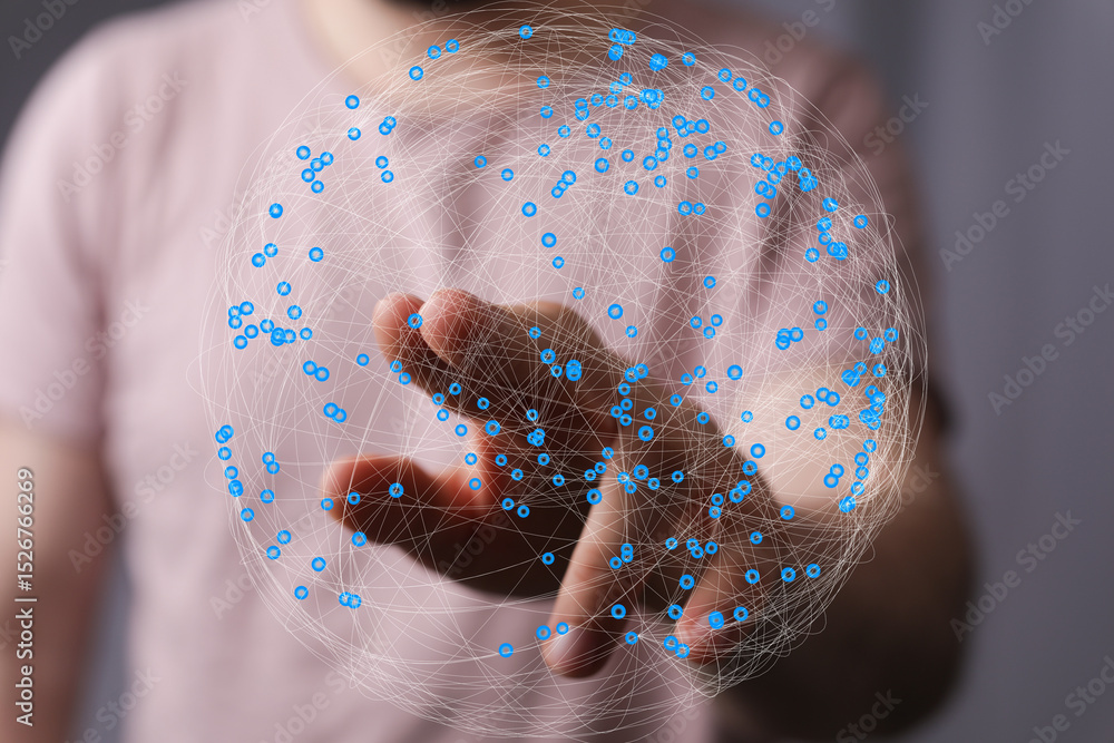 Fototapete Abstract image of a hand interacting with a global network, representing connection and technology.