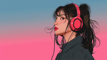 Stylish Woman with Headphones Listening to Music – Digital Art on Gradient Background