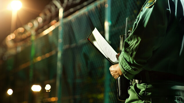 Stern uniformed border patrol officer inspecting documents at night checkpoint, security and immigration control concept for law enforcement and customs authority.