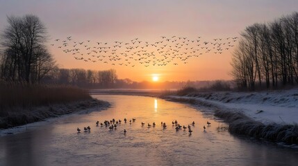 Sunrise over a river with birds in flight and ducks resting on ice.