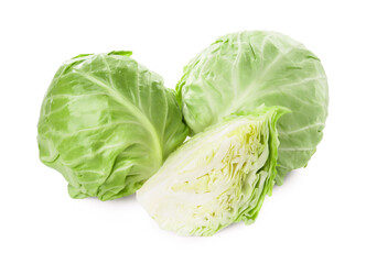 Whole and cut cabbages isolated on white