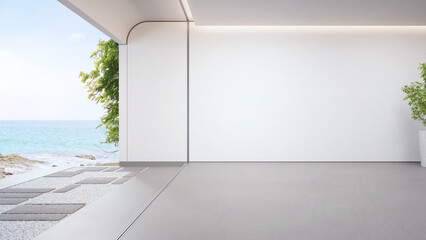 Sea view empty large living room of luxury summer beach house with terrace. Concrete floor and white wall in vacation home or holiday villa. Hotel interior 3d illustration.