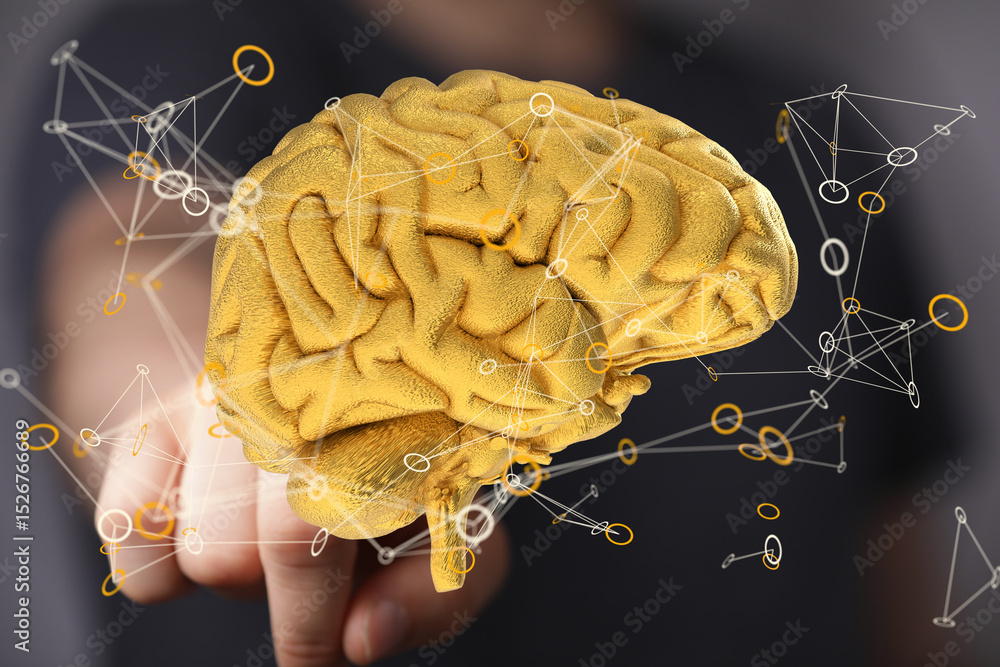 Poster 3D golden brain model, showcasing complex neural networks and connections.  Perfect for AI, technology, and neuroscience concepts.