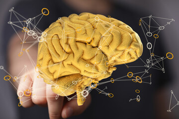 3D golden brain model, showcasing complex neural networks and connections.  Perfect for AI,...
