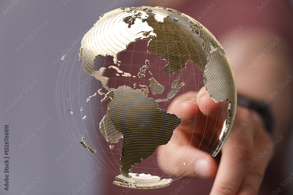 Poster High-quality stock photo of a hand interacting with a 3D model of the Earth, symbolizing global connection and networking.