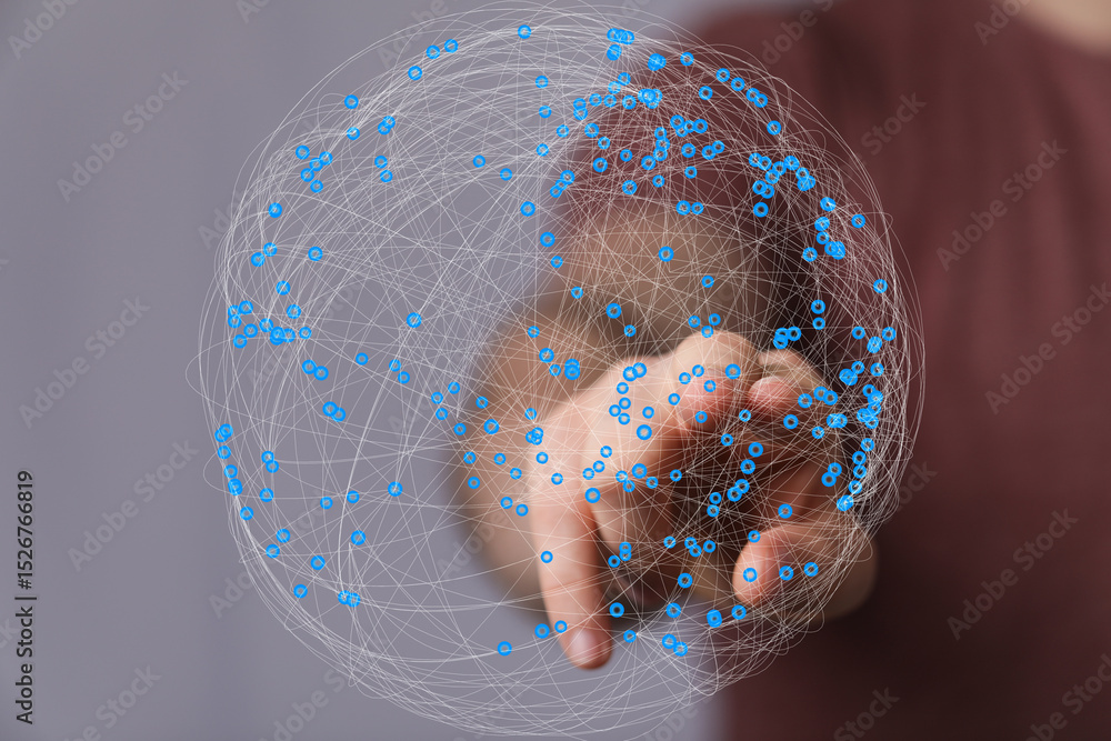 Poster Abstract image of a hand interacting with a digital global network. Represents connectivity, technology, and communication.