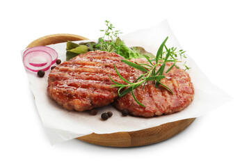 Delicious hamburger patties and spices isolated on white