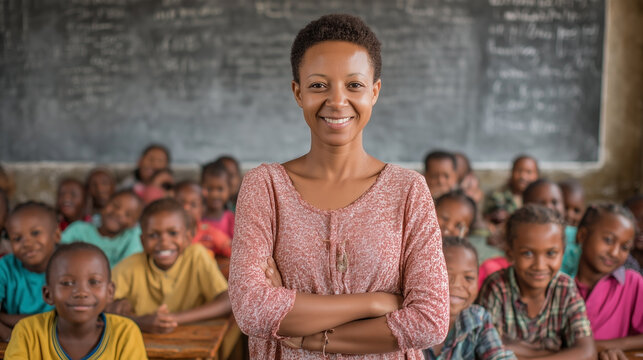 A woman in a pink shirt stands in front of a group of children