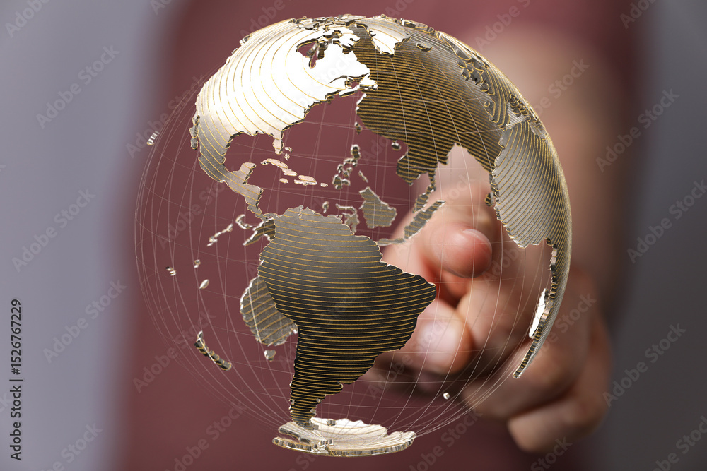 Aufkleber High-quality stock photo of a hand interacting with a 3D digital globe, symbolizing global connectivity and networking.
