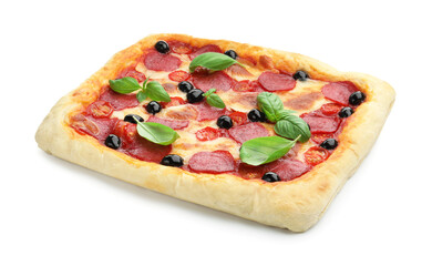 Tasty square homemade pizza isolated on white