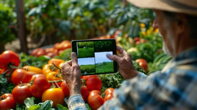 An elderly Caucasian man with gray hair takes a photo of ripe tomatoes using a tablet. The scene is set in a vibrant garden filled with fresh vegetables.