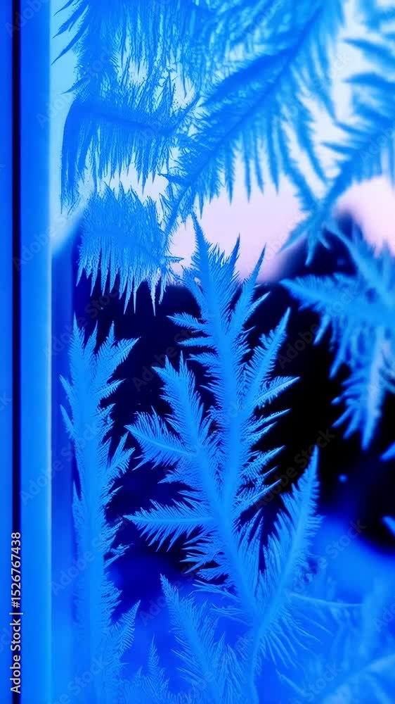 Aufkleber macro view of beautiful frozen patterns forming on window during winter, creating a delicate, icy fi