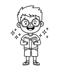 Happy Boy Reading a Book, Line Art Illustration