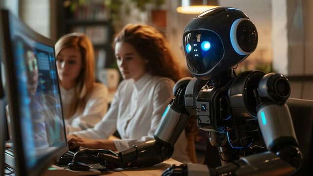 A humanoid robot with blue lights sits at a desk, working on a computer. Two young women, one with brown hair and the other with blonde hair, observe the robot.