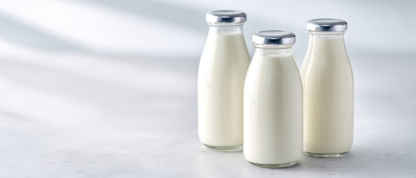 The refreshing trio of glass milk bottles on a minimalist countertop.