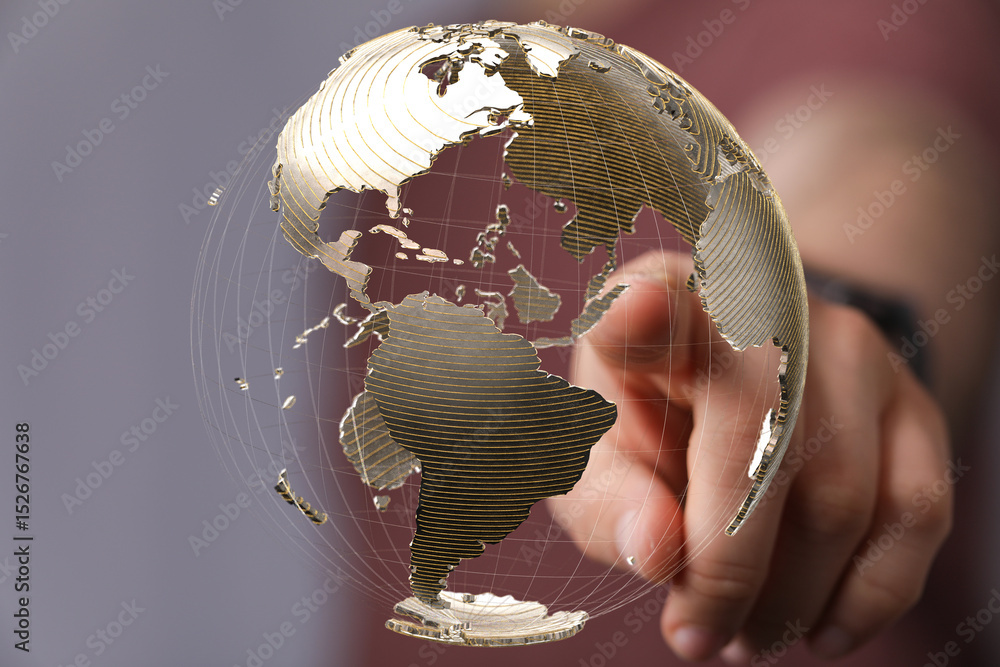Fototapete High-quality stock photo of a hand interacting with a 3D model of Earth, representing global connectivity and networking.