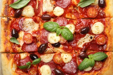 Tasty homemade pizza as background, top view