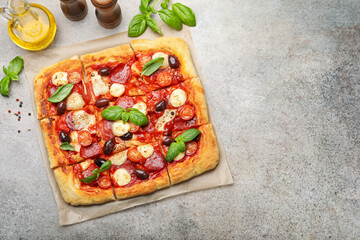 Tasty square homemade pizza and spices on grey background, flat lay. Space for text