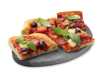 Pieces of tasty homemade pizza isolated on white