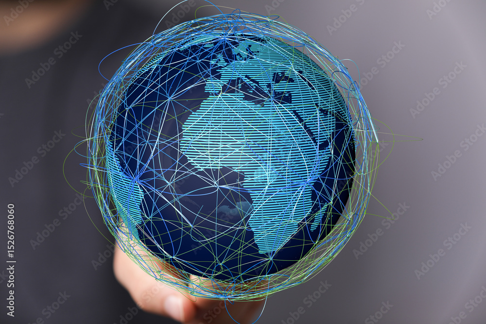 Aufkleber Abstract image of a digital world map showcasing global network connections and data streams.