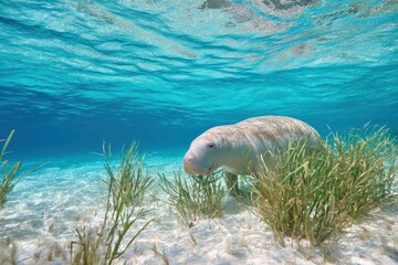 Naklejka premium Underwater Scene Featuring a Manatee Grazing on Seagrass in Clear Tropical Waters with Sunlight Filtering Through the Surface for a Serene and Calm Ambiance