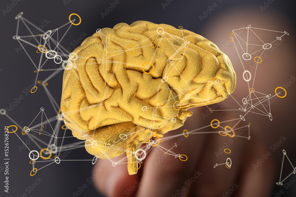 Aufkleber Abstract image of a golden brain with interconnected nodes, representing neural networks and brainpower.