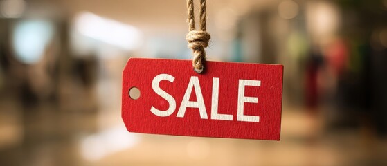 The red sale tag hanging in a bright retail environment.