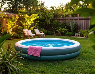Backyard Bliss: Inflatable Pool, Lounge Chairs, and Twinkling Lights