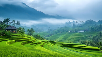 Obraz premium Misty Green Rice Terraces and Lush Mountain Landscape