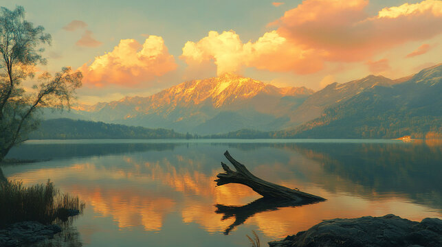 Sunset Lake Mountain Reflection Landscape