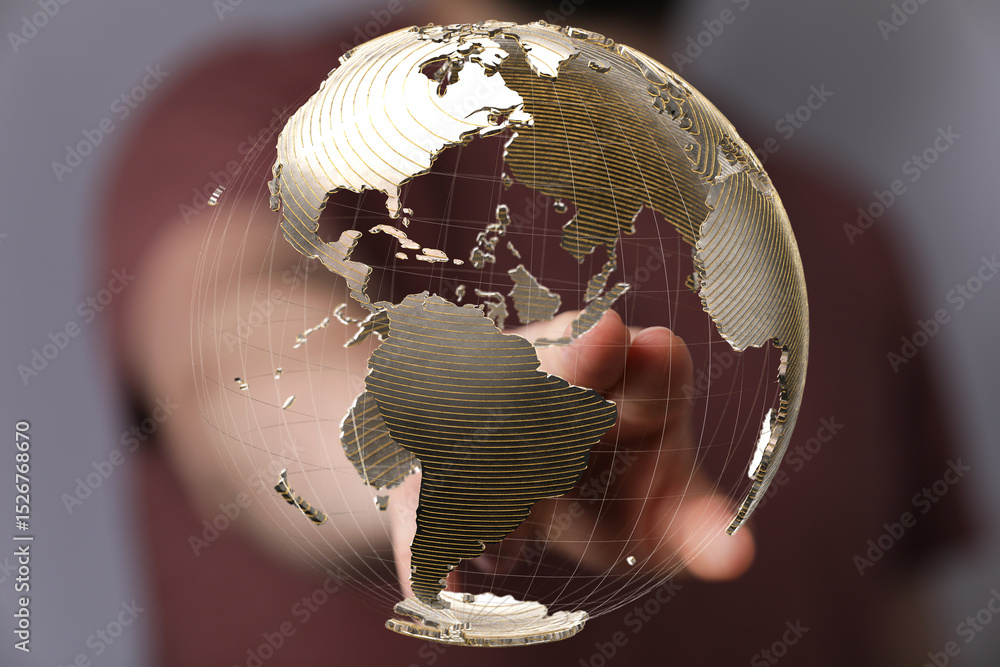 Poster person's finger interacts with a digital globe, showcasing global connectivity and networking.