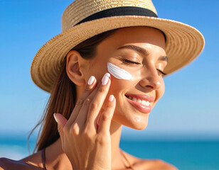 Woman applies sunscreen on her face at the beach to protect skin from the sun.