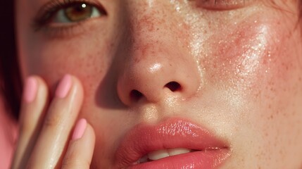 Extreme close-up of an asian woman's face with a glowing complexion and expressive features capturing natural beauty
