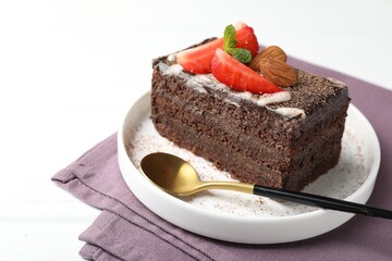 Piece of delicious chocolate cake with strawberry and almonds on white table, closeup. Space for text