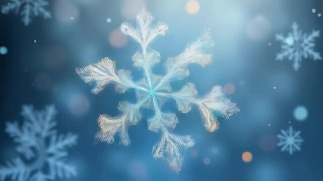 Intricate, glowing snowflake against a blurred, cool blue background with soft light flares. A delicate winter scene
