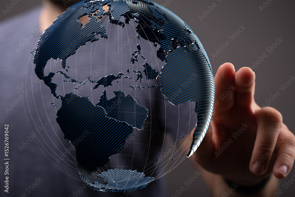 Aufkleber Abstract image of a hand interacting with a digital globe, symbolizing global connectivity and networking.