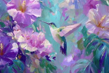 Vibrant Hummingbird Hovering Amidst Lush Blossoms in a Dreamy Floral Landscape Captured in a Colorful Impressionistic Style