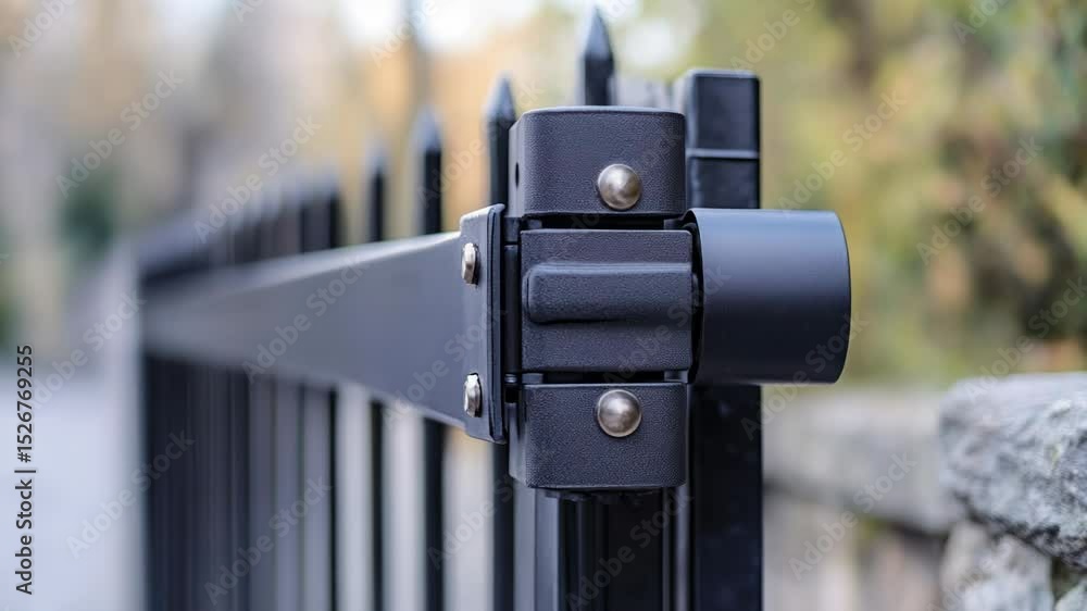 Poster a close-up shot of a metal fence latch, ideal for use in scenes where security or isolation are key.
