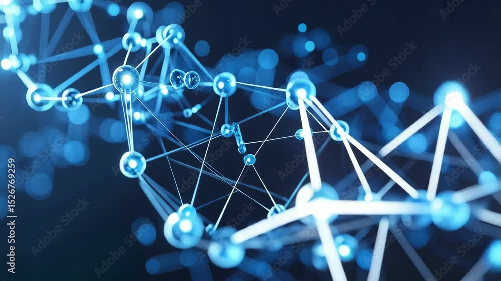 Poster abstract molecular structure visualization with spheres and lines against a blue background depictin