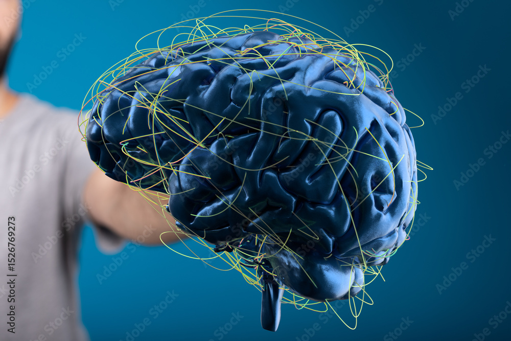 Aufkleber 3D rendering of a human brain with glowing neural network connections.  Perfect for AI, technology, and neuroscience concepts.