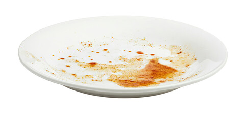 Used dish with leftover sauce and grease splashes on surface isolated on white transparent background