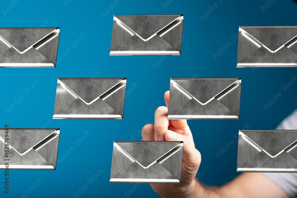 Poster hand interacting with digital email icons,concept of email management, inbox organization.