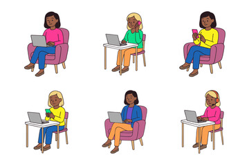 Hand-drawn set of ethnically diverse female remote workers using laptops, smartphones, and headsets. Women in different digital work scenarios. Clean line art vector illustration isolated on white 