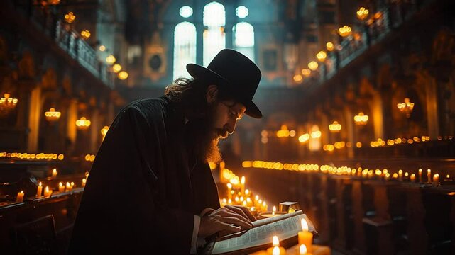 A Hasidic Jew deeply engrossed in reading a holy book amidst candlelight serenity