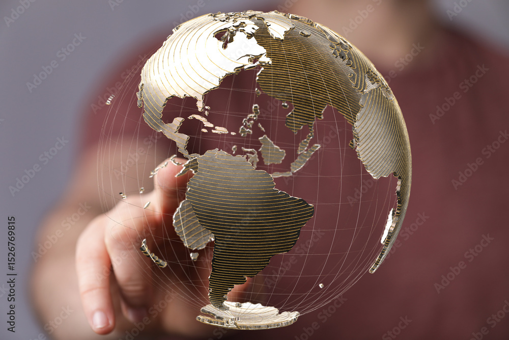 Poster Abstract image of a hand interacting with a 3D model of the Earth, representing global connectivity and networking.