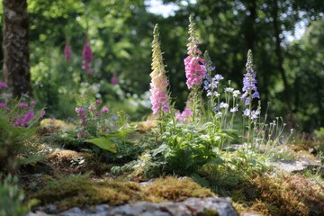 Obraz premium Vibrant Wildflowers in a Serene Forest Setting with Soft Light, Showcasing Pink and Blue Blooms Amidst Lush Greenery and Natural Textures