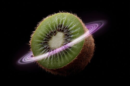 Kiwi fruit surrounded by glowing rings resembling Saturn in a creative visual display